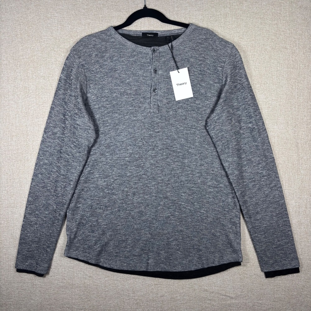 NWT Theory Ethan Henley Navy Multi Marled Long Sleeve Shirt Double Layer Mens L
